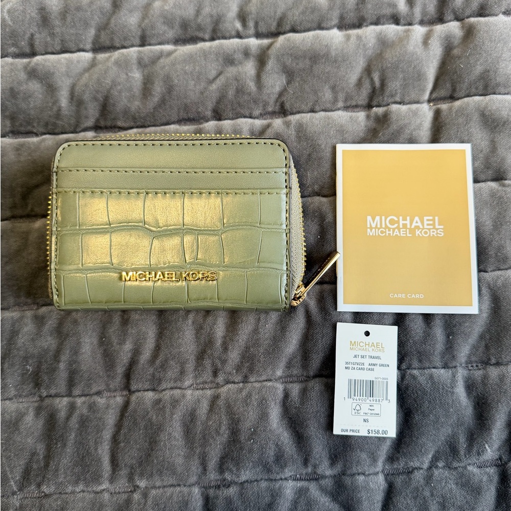 Michael Kors Jet Set Olive Croc-Embossed Zip Card Case Wallet